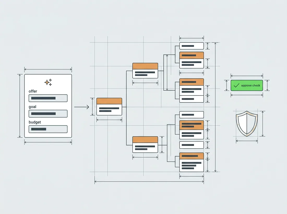 AI campaign builder turning a short brief into a launch-ready Meta campaign structure with ad sets and ads