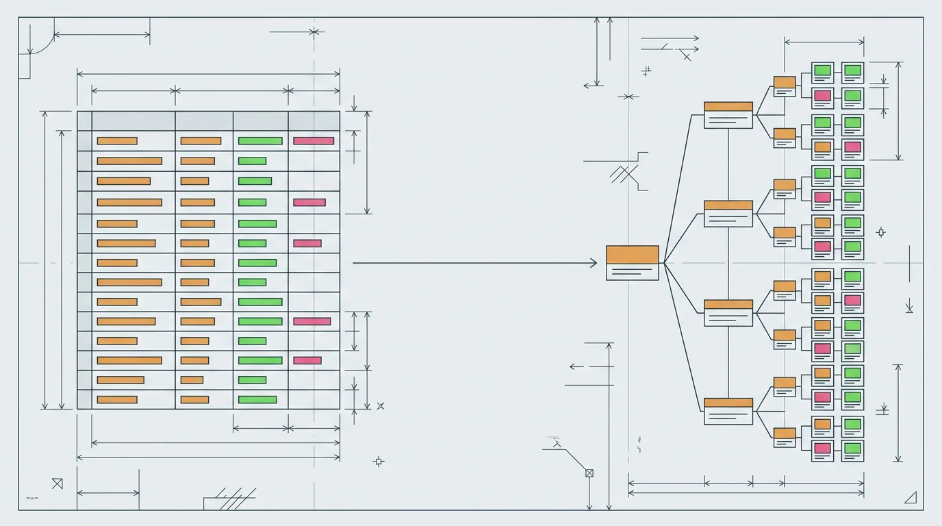 Meta bulk ads upload workflow: a structured sheet of ad sets turning into a launch-ready campaign tree