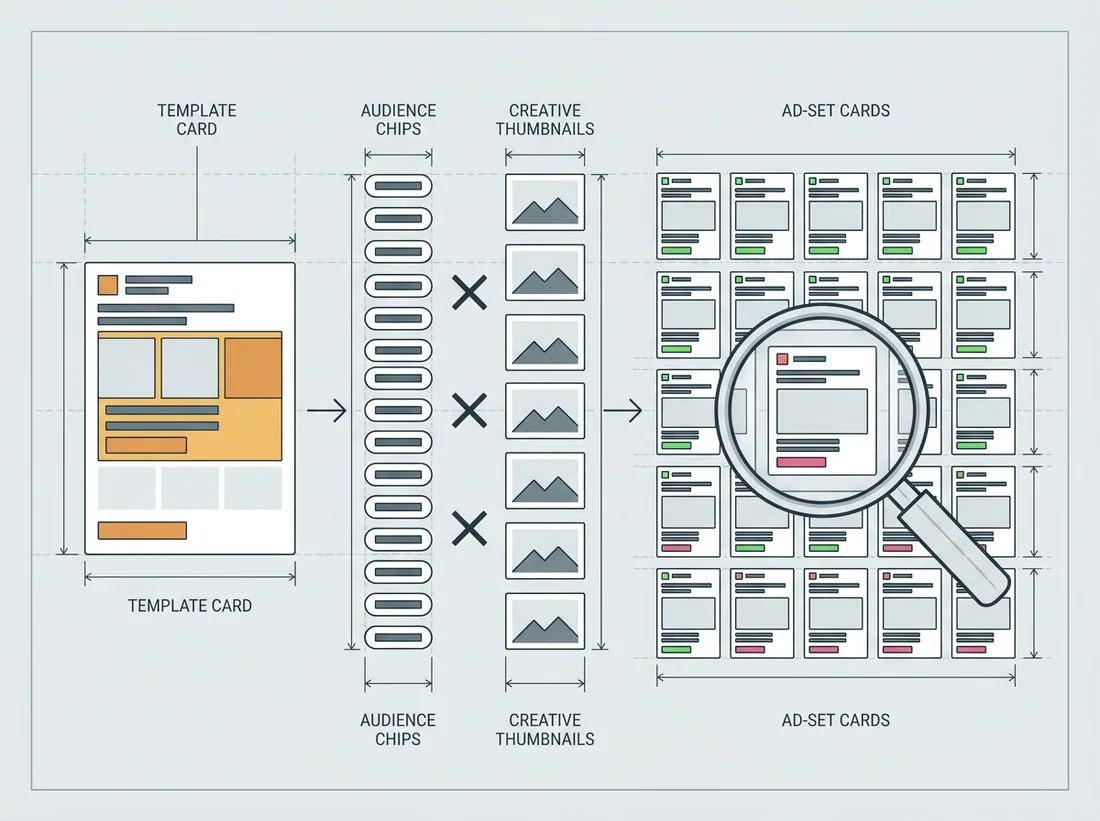 Bulk launch tool for Meta ads building ad set variants from templates with a preview grid