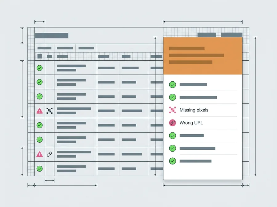 Validation view before a Meta bulk ads upload highlighting rows with missing pixel or wrong URL